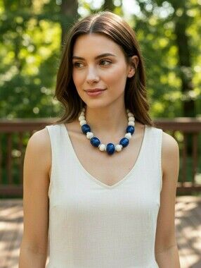 Navy Blue & White Chunky Beaded Statement Necklace